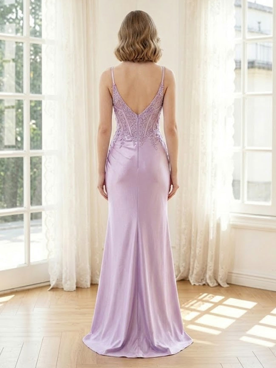 Satin Mermaid Spaghetti Straps Long Formal Dresses with Lace Appliques