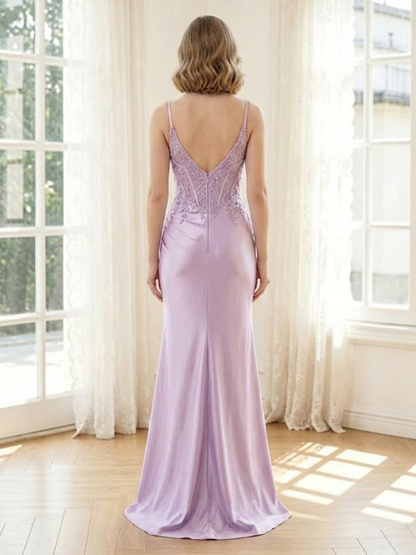 Satin Mermaid Spaghetti Straps Long Formal Dresses with Lace Appliques