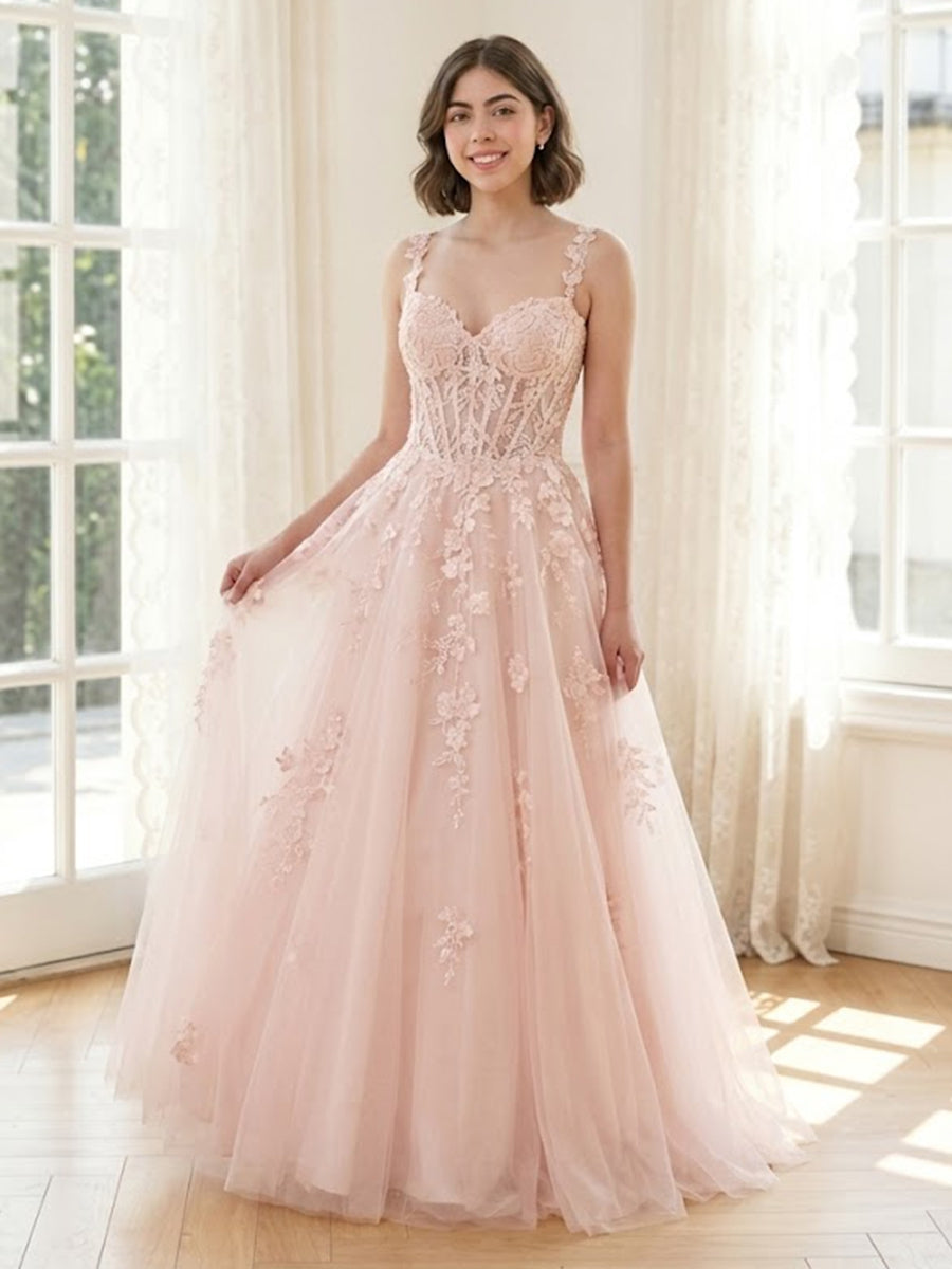 Tulle A Line V Neck Spaghetti Straps Long Formal Dresses with Lace