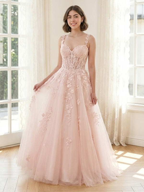 Tulle A Line V Neck Spaghetti Straps Long Formal Dresses with Lace