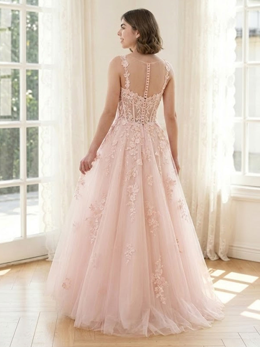 Tulle A Line V Neck Spaghetti Straps Long Formal Dresses with Lace