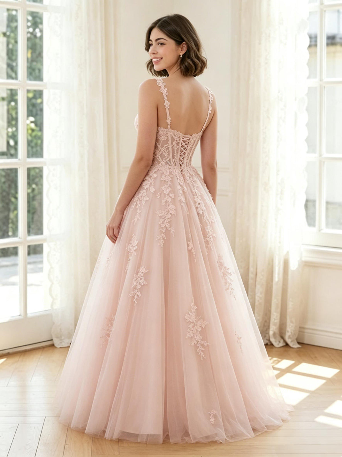Tulle A Line V Neck Spaghetti Straps Long Prom Dresses with Lace