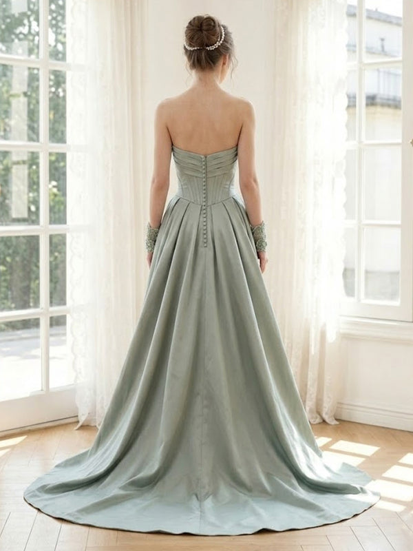 Satin Mermaid Strapless Long Formal Dresses with Train