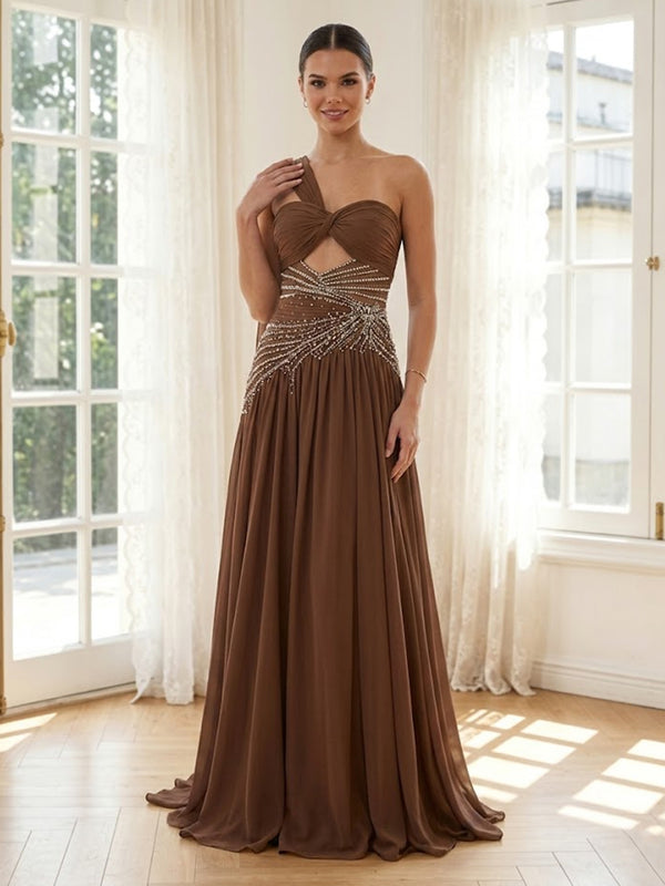Chiffon A Line One Shoulder Long Formal Dresses with Beadings
