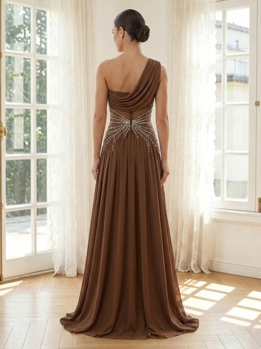 Chiffon A Line One Shoulder Long Formal Dresses with Beadings