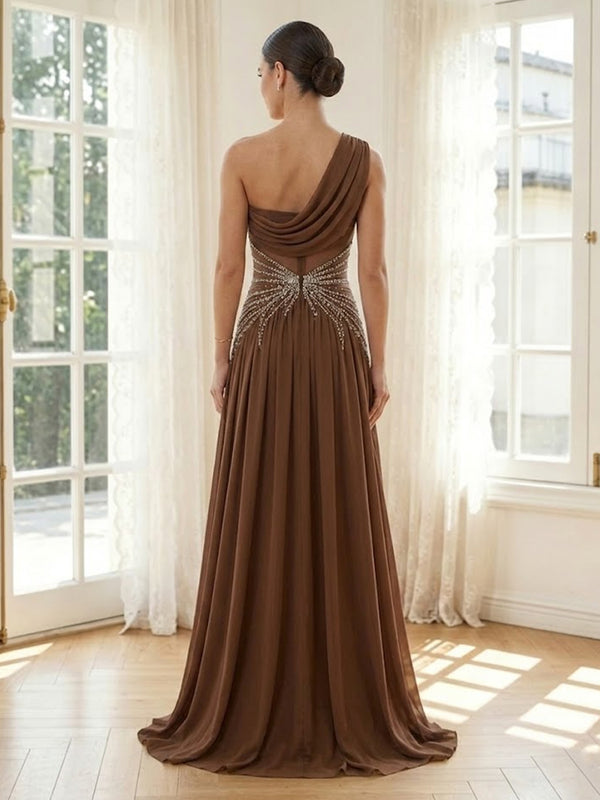 Chiffon A Line One Shoulder Long Formal Dresses with Beadings