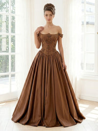 Satin A Line Off Shoulder Long Formal Dresses with Beadings