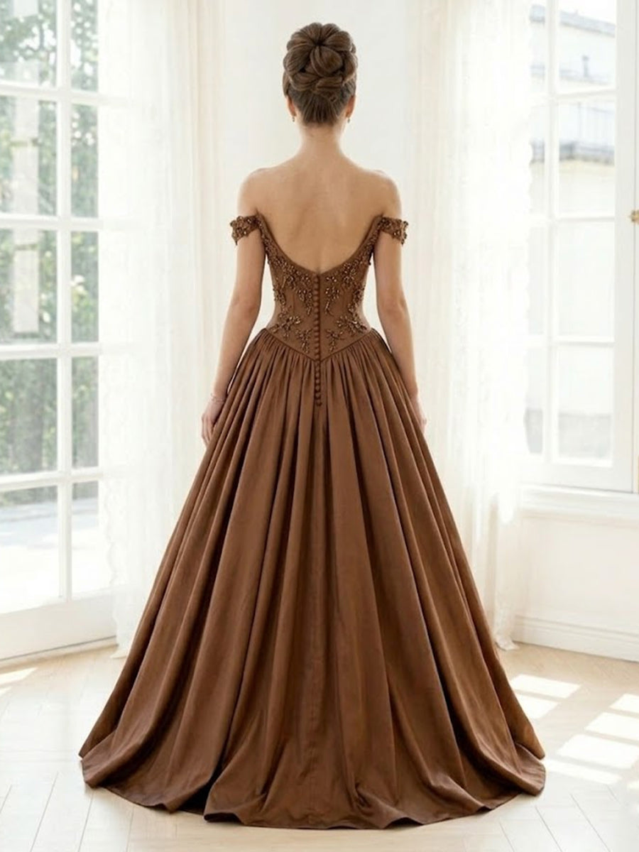 Satin A Line Off Shoulder Long Formal Dresses with Beadings