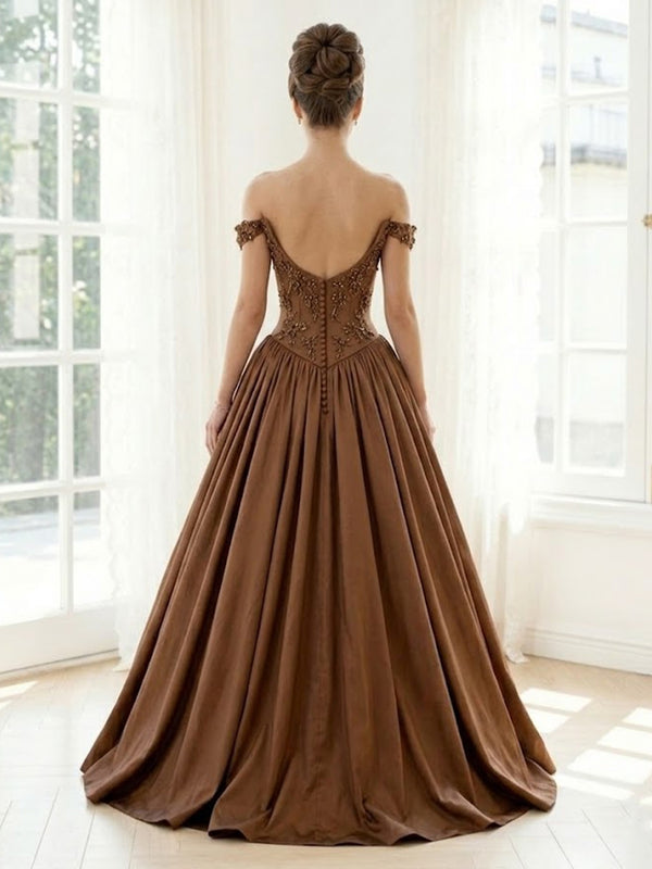 Satin A Line Off Shoulder Long Formal Dresses with Beadings