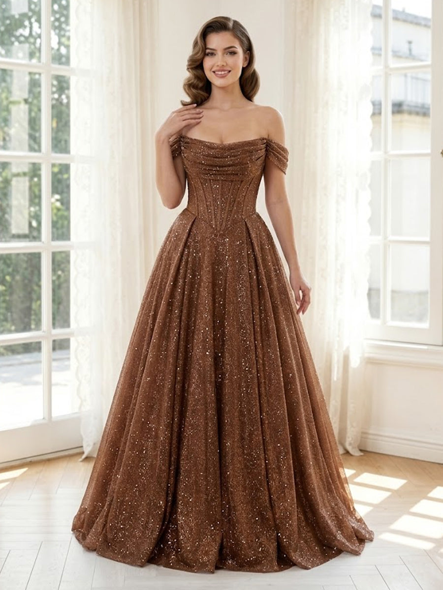 Sparkly Tulle A Line Off Shoulder Long Formal Dresses with Corset