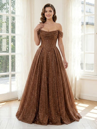 Sparkly Tulle A Line Off Shoulder Long Formal Dresses with Corset