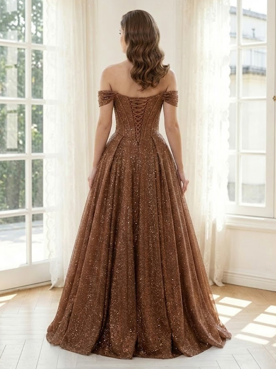 Sparkly Tulle A Line Off Shoulder Long Formal Dresses with Corset