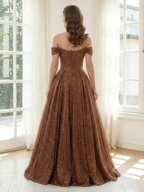 Sparkly Tulle A Line Off Shoulder Long Formal Dresses with Corset