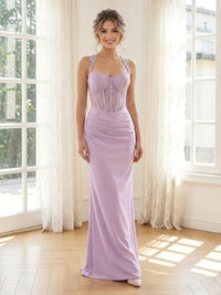 Satin Mermaid Halter Long Formal Dresses with Lace