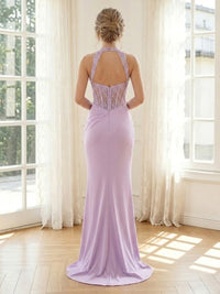 Satin Mermaid Halter Long Formal Dresses with Lace