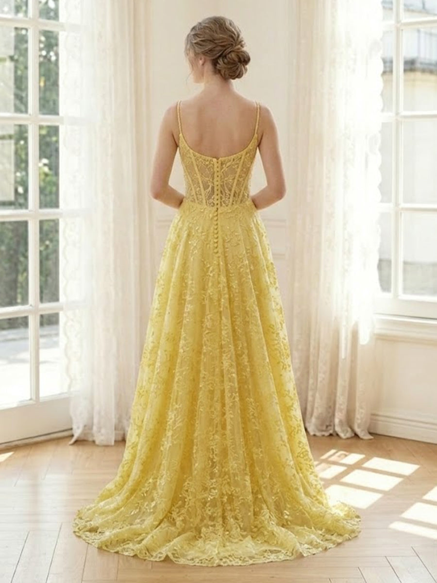 Lace A Line V Neck Spaghetti Straps Long Formal Dresses