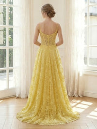Lace A Line V Neck Spaghetti Straps Long Formal Dresses