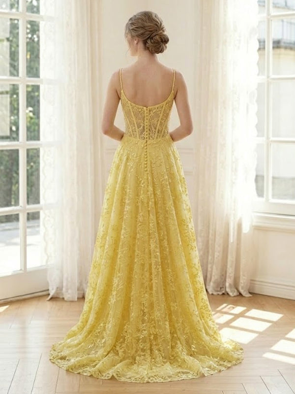 Lace A Line V Neck Spaghetti Straps Long Formal Dresses