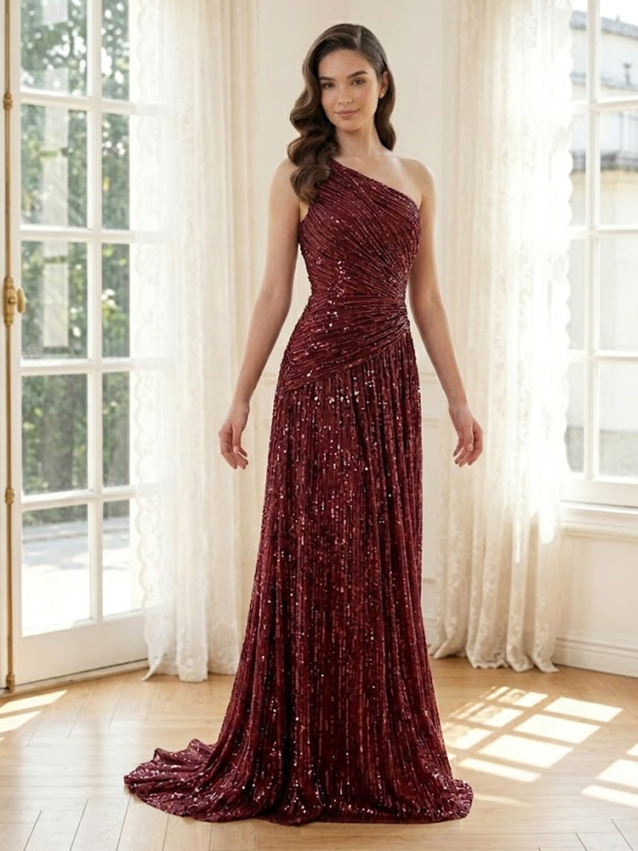Sequin Mermaid One Shoulder Sleeveless Long Formal Dresses