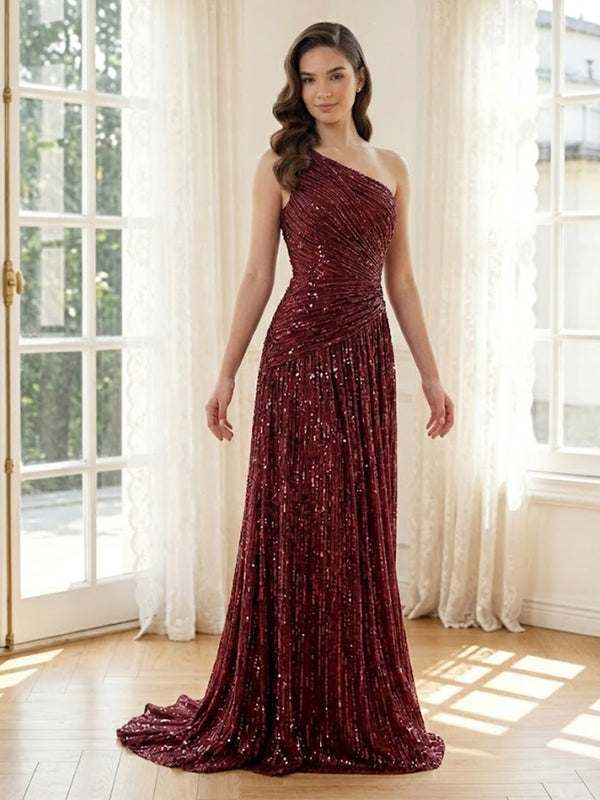 Sequin Mermaid One Shoulder Sleeveless Long Formal Dresses