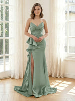 Satin Mermaid V Neck Strapless Long Formal Dresses with Ruffles