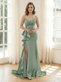 Satin Mermaid V Neck Strapless Long Formal Dresses with Ruffles