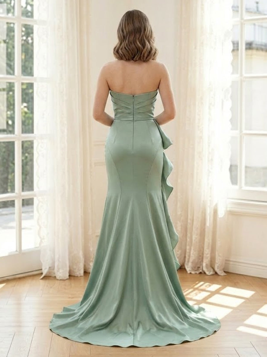 Satin Mermaid V Neck Strapless Long Formal Dresses with Ruffles