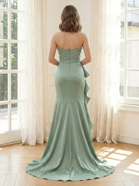 Satin Mermaid V Neck Strapless Long Formal Dresses with Ruffles