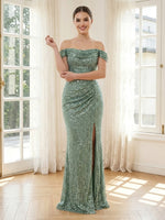 Sequin Mermaid Off the Shoulder Sleeveless Long Formal Dresses