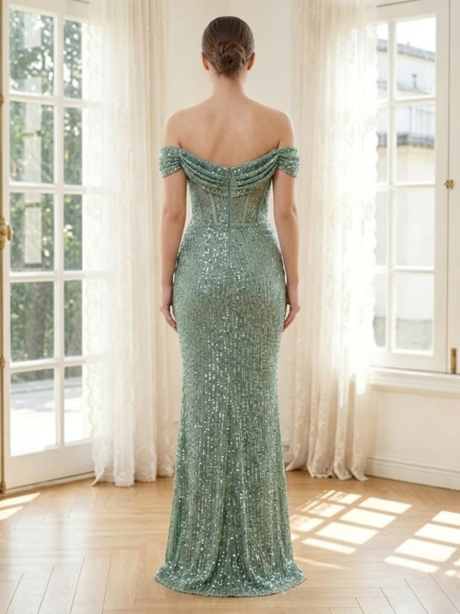 Sequin Mermaid Off the Shoulder Sleeveless Long Formal Dresses