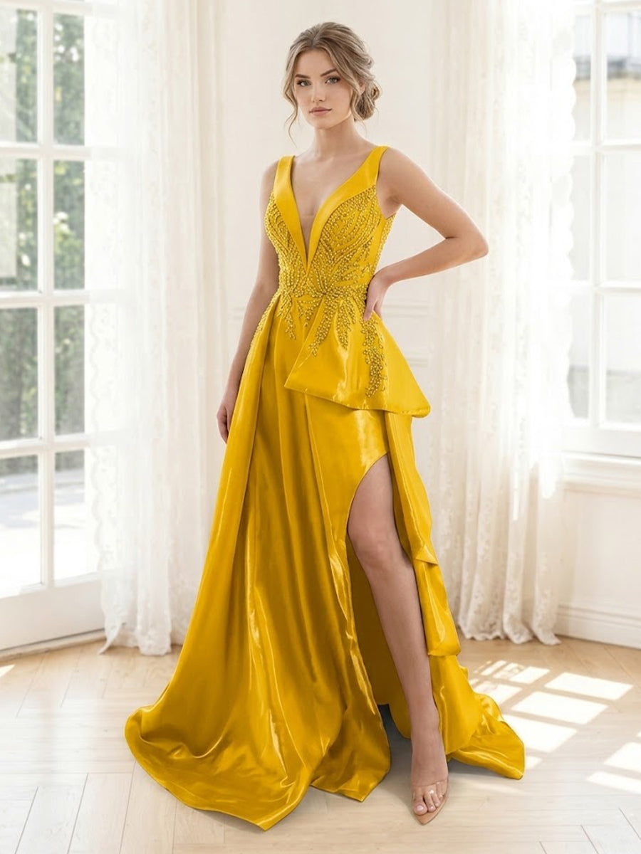 Satin A Line V Neck Strapless Long Formal Dresses with Ruffles