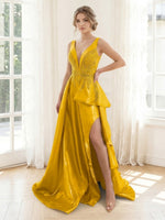 Satin A Line V Neck Strapless Long Evening Dresses with Ruffles