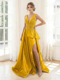 Satin A Line V Neck Strapless Long Formal Dresses with Ruffles