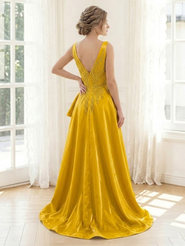 Satin A Line V Neck Strapless Long Evening Dresses with Ruffles