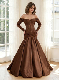 Satin A Line Off the Shoulder Long Sleeves Formal Dresses