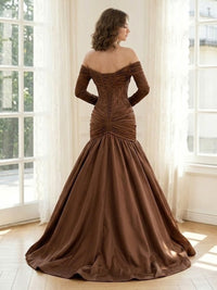 Satin A Line Off the Shoulder Long Sleeves Formal Dresses