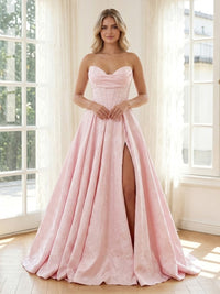Jacquard Strapless Corset A Line Long Formal Dresses