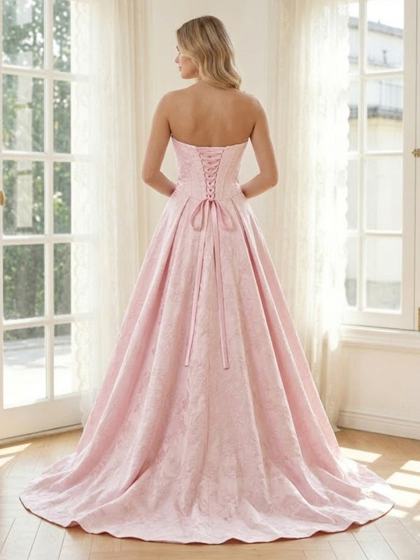 Jacquard Strapless Corset A Line Long Prom Dresses