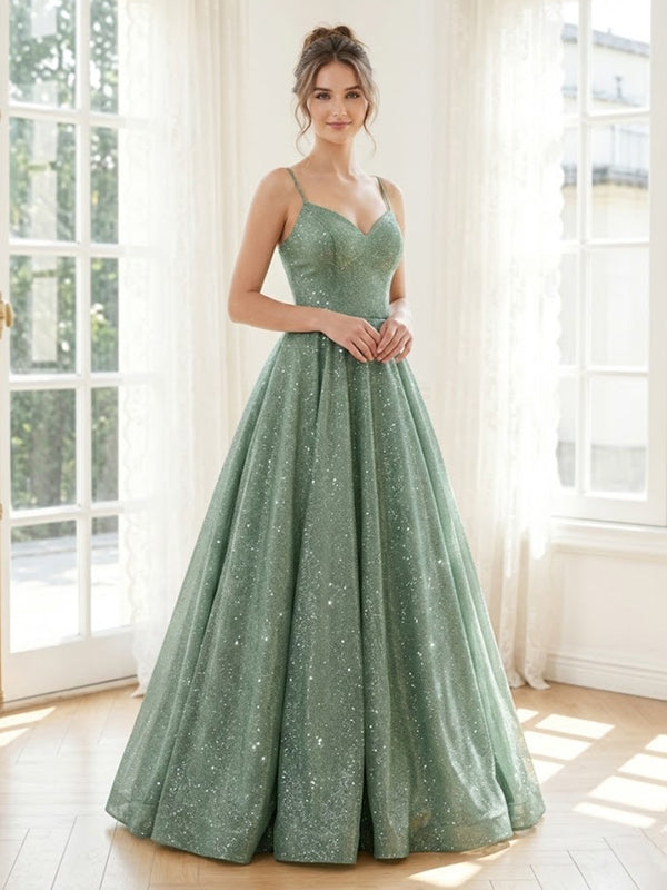 Sequin A Line Spaghetti Straps Long Formal Dresses