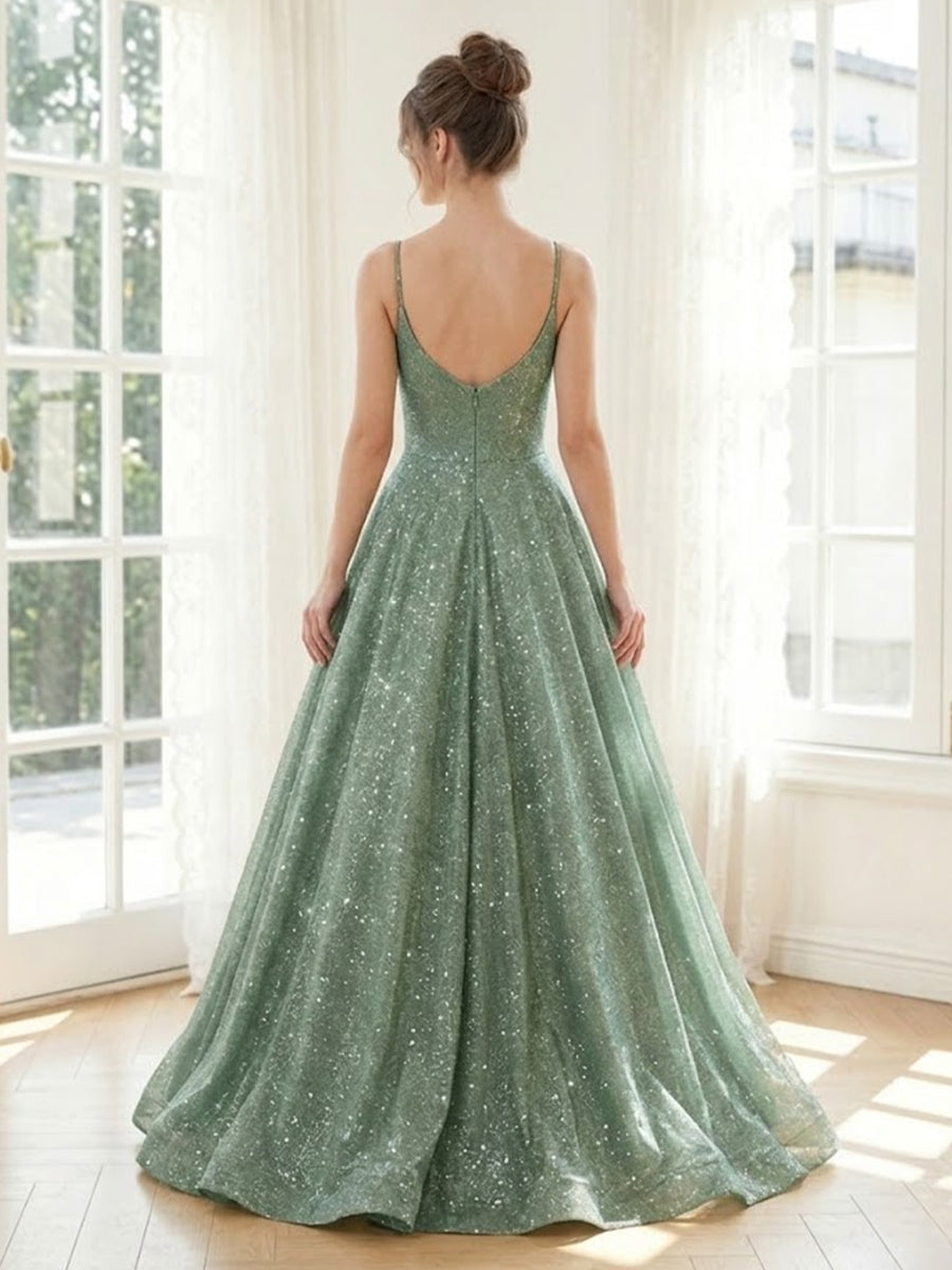 Sequin A Line Spaghetti Straps Long Formal Dresses