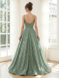 Sequin A Line Spaghetti Straps Long Formal Dresses
