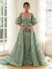 Tulle Off the Shoulder A Line V Neck Long Formal Dresses