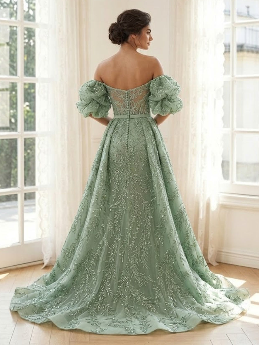 Tulle Off the Shoulder A Line V Neck Long Formal Dresses