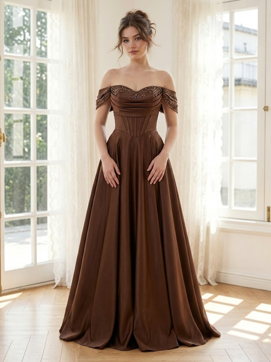 Satin Off the Shoulder A Line V Neck Long Formal Dresses