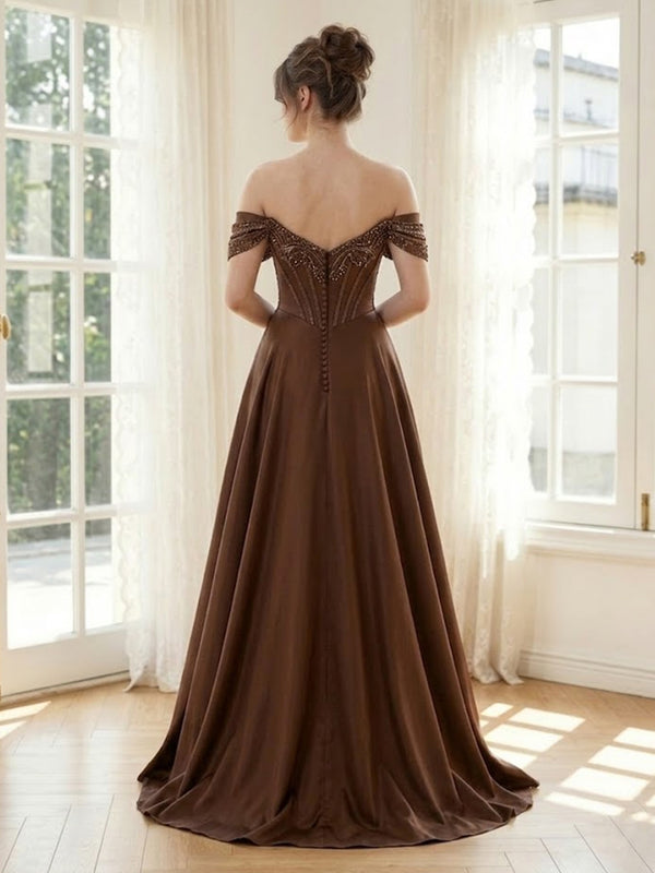Satin Off the Shoulder A Line V Neck Long Evening Dresses