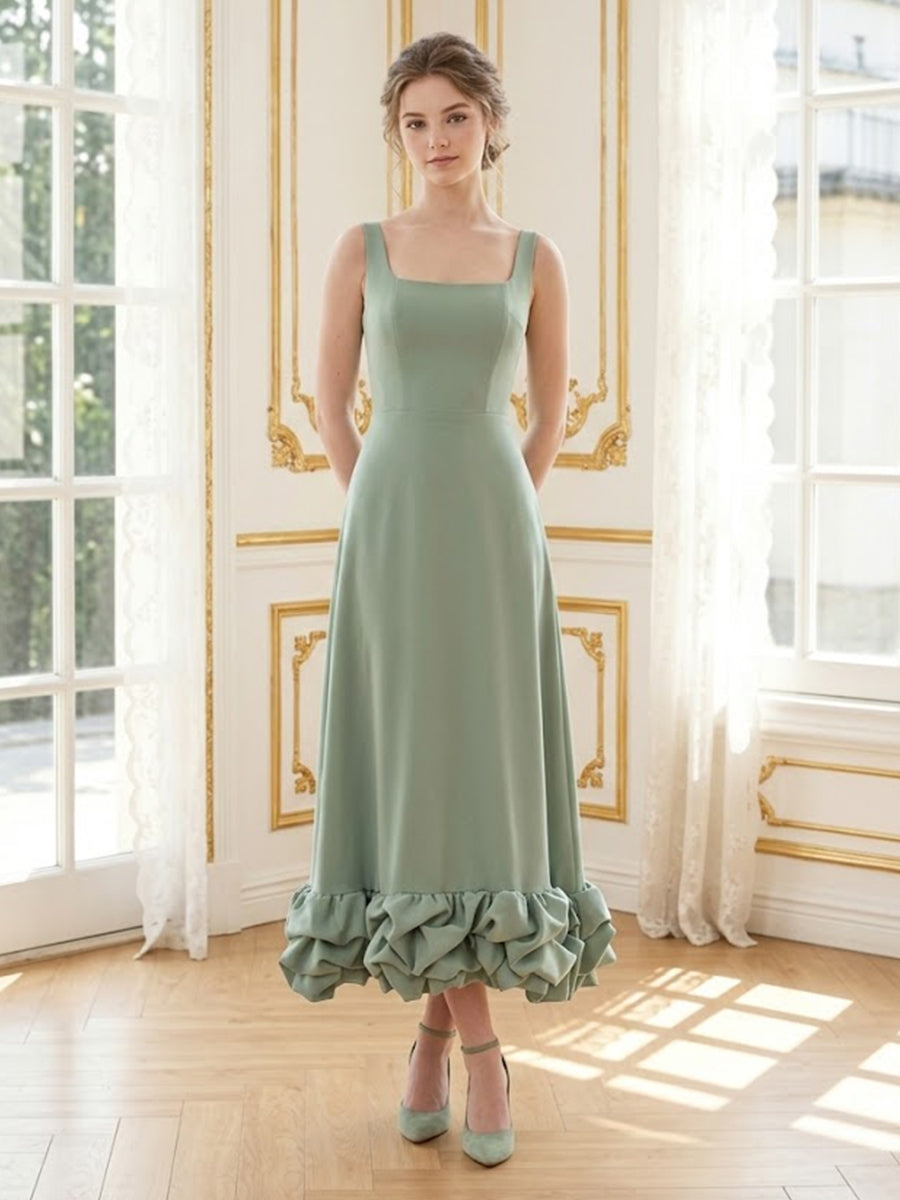 Satin Square Neck A Line Long Formal Dresses with Ruffles