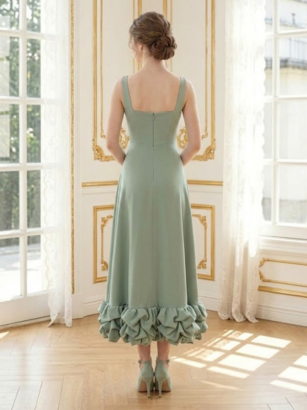 Satin Square Neck A Line Long Formal Dresses with Ruffles
