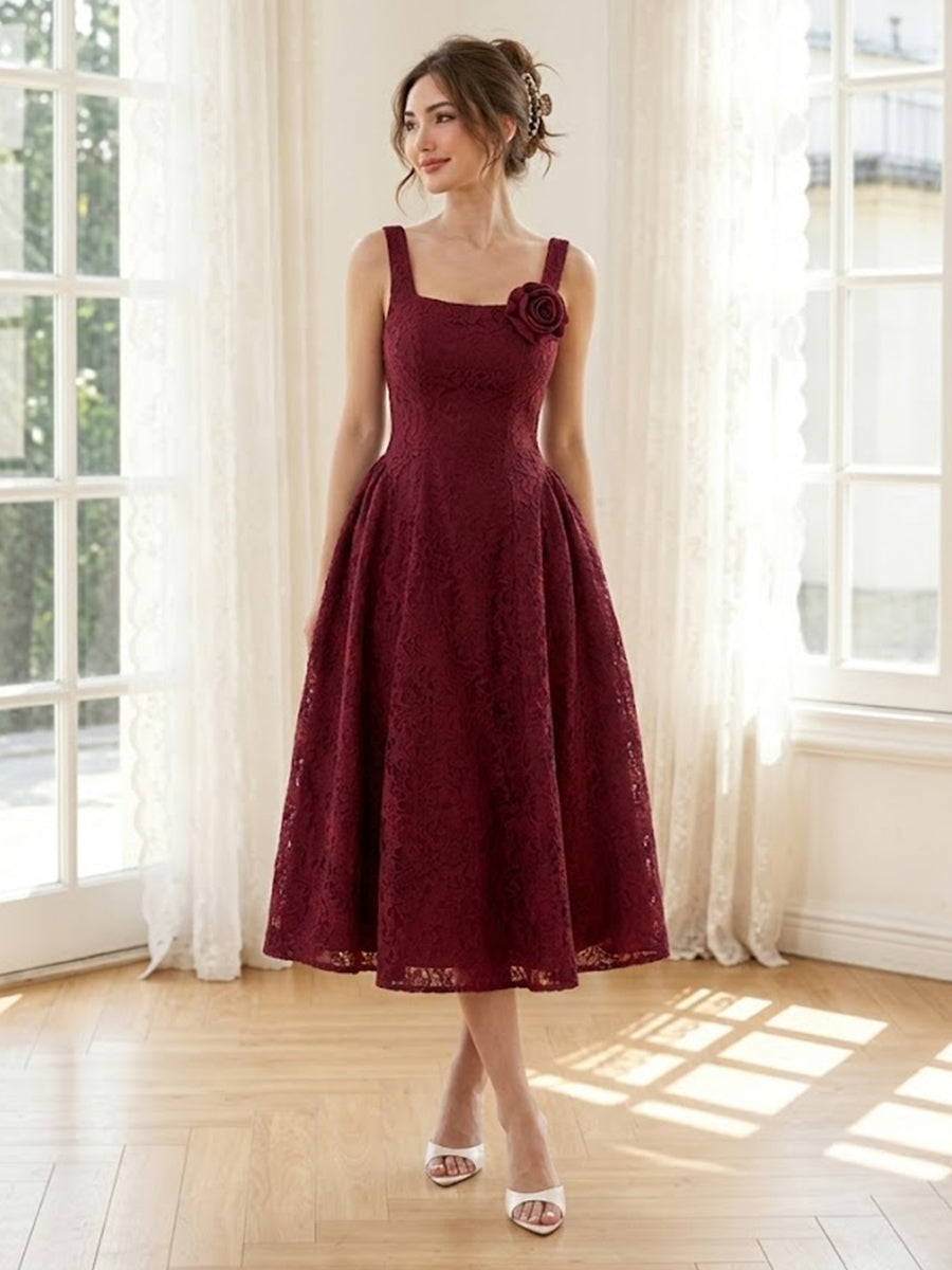 Lace Appliques Tea Length A Line Square Neck Long Formal Dresses