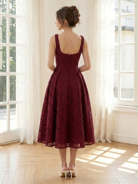 Lace Appliques Tea Length A Line Square Neck Long Formal Dresses
