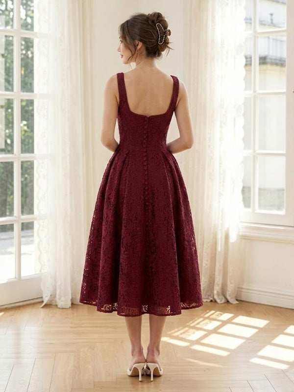Lace Appliques Tea Length A Line Square Neck Long Formal Dresses